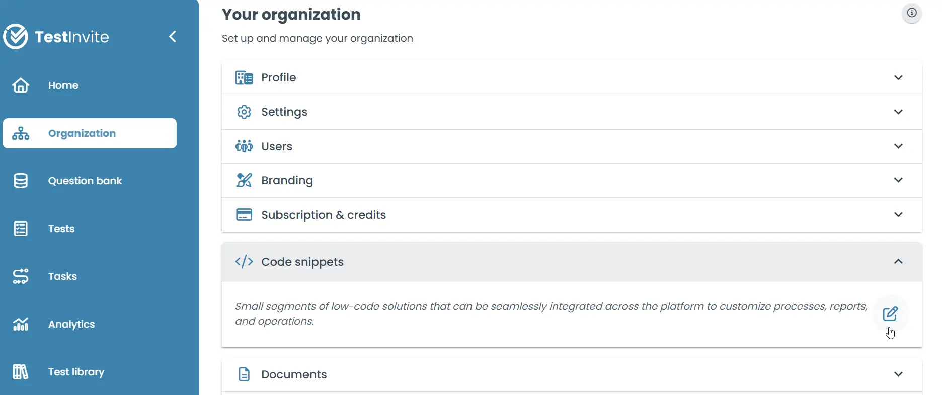 Organization settings interface with code snippets option selected