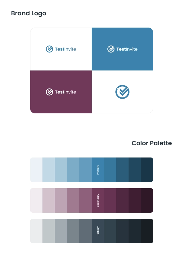 TestInvite new brand logo variations and color palette showcasing primary, secondary, and tertiary color schemes.