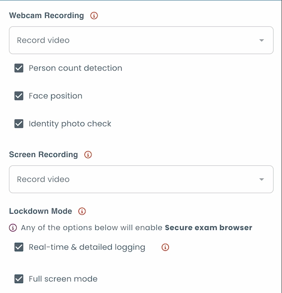 Proctoring settings panel showing webcam recording, screen recording, and lockdown mode options with features