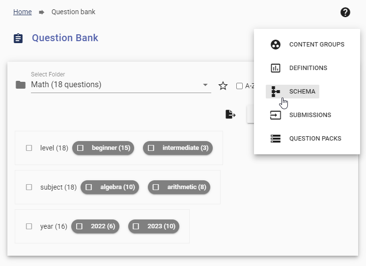 Navigating to the question bank schema editor<br>