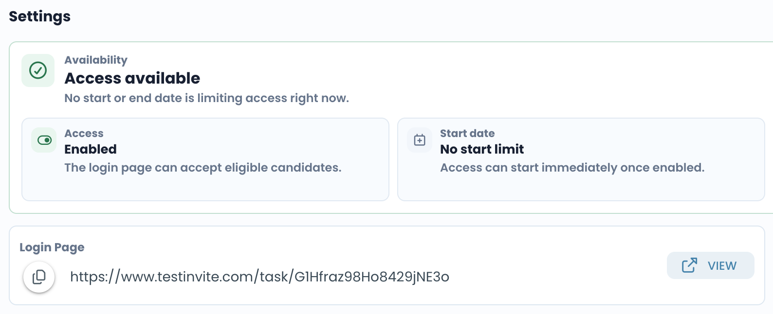 Copying the assessment link from the task dashboard