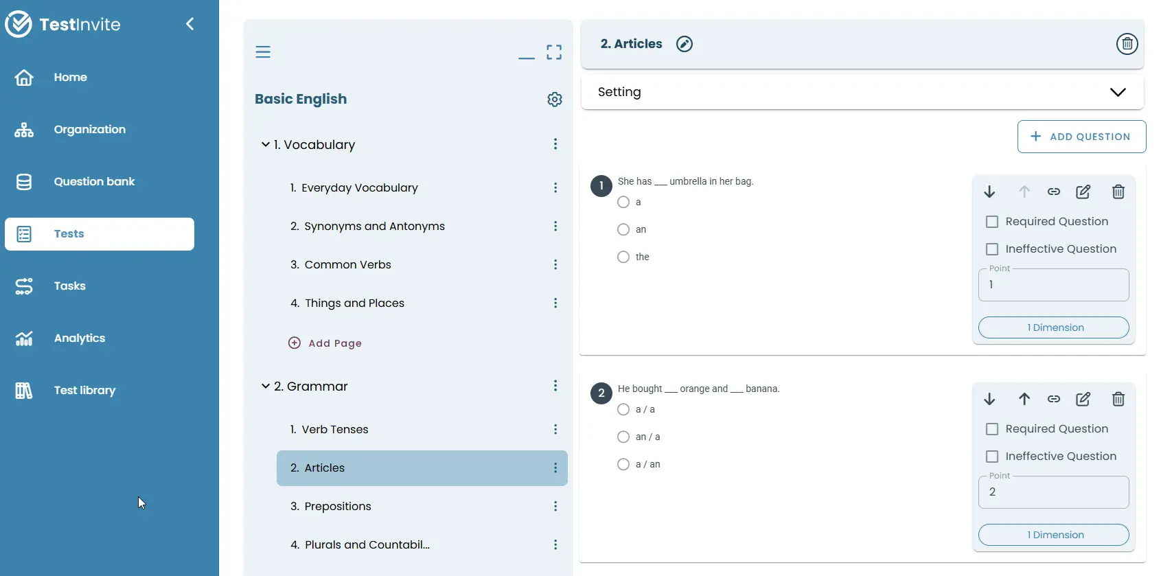 Sample multiple choice test interface