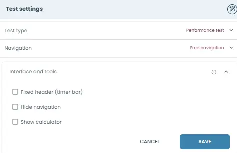 Enable or disable interface elements like timer, navigation, and calculator during the test.