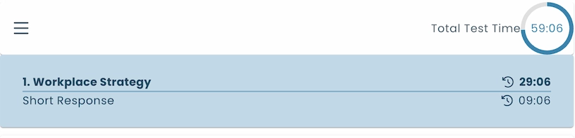 Test interface showing total test time and individual time limits for a section and page