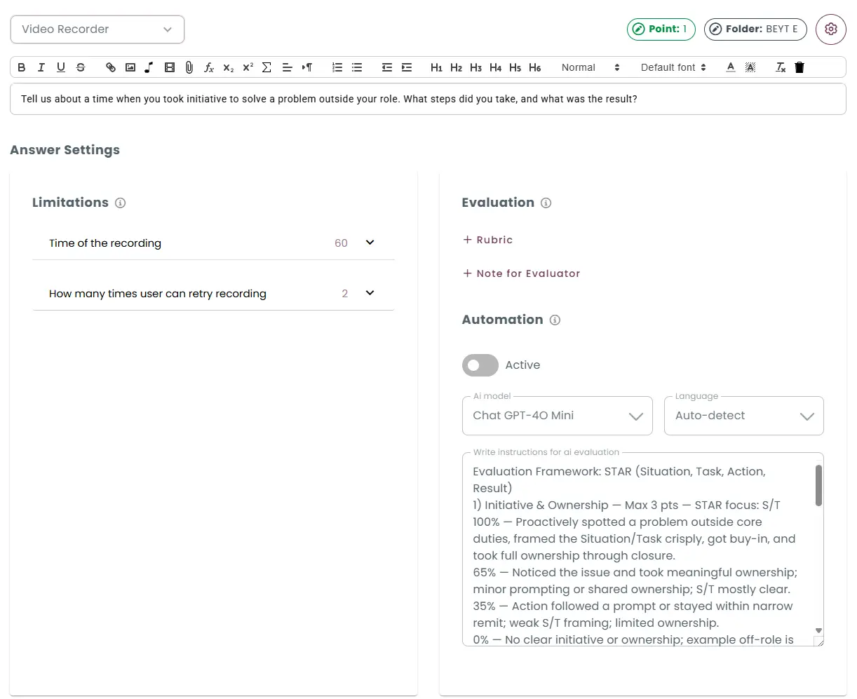 Example video recording question and rubric with STAR pattern as AI prompt.