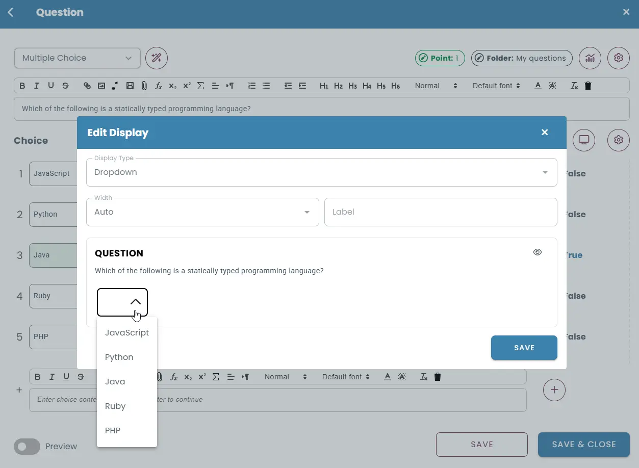 Single selection question using dropdown display