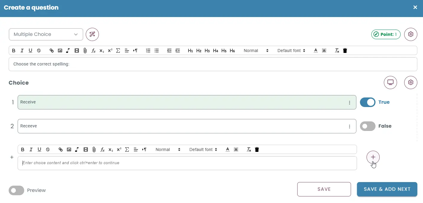 Multiple choice question creation screen with rich text editor