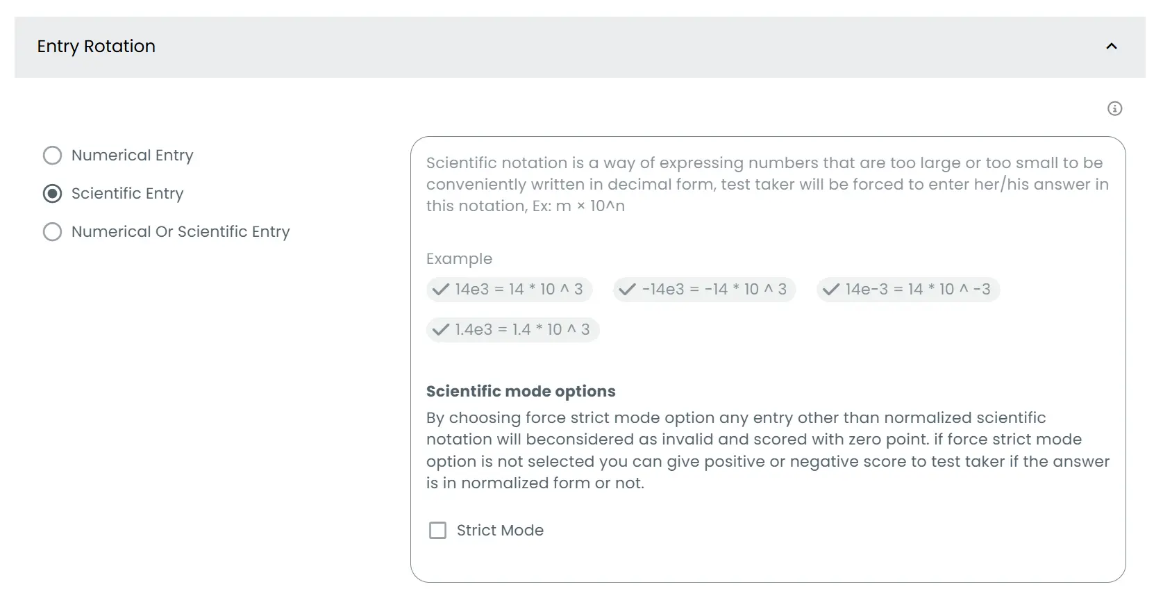 Scientific entry settings with examples