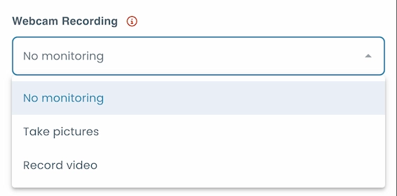 Webcam recording settings with options to disable, take pictures, or record video