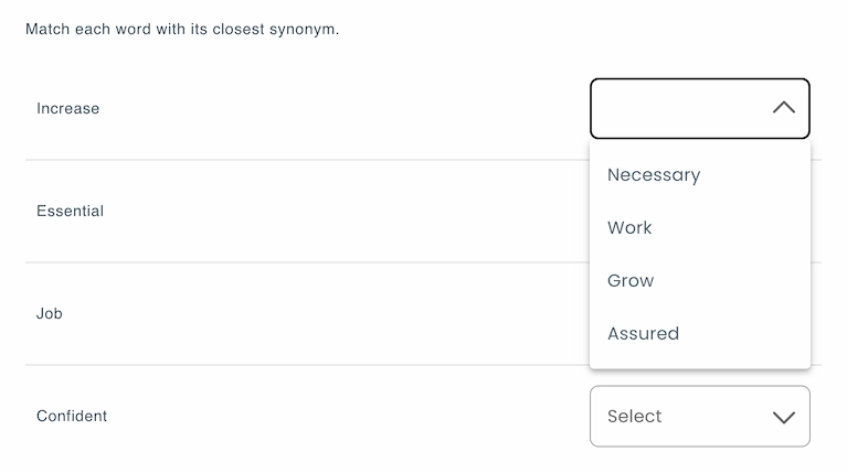 Sample vocabulary question in a matching format
