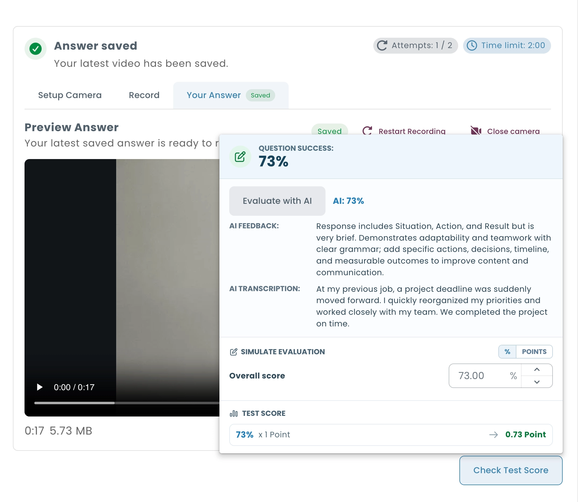 AI grading of a video response