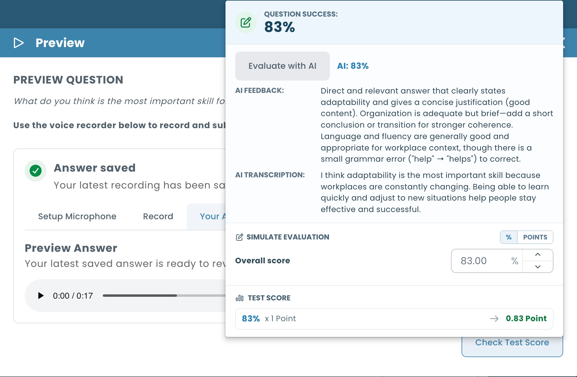 AI grading of a spoken response