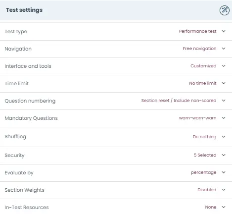 Access Test Settings to control navigation, timing, scoring, and overall test behavior.
