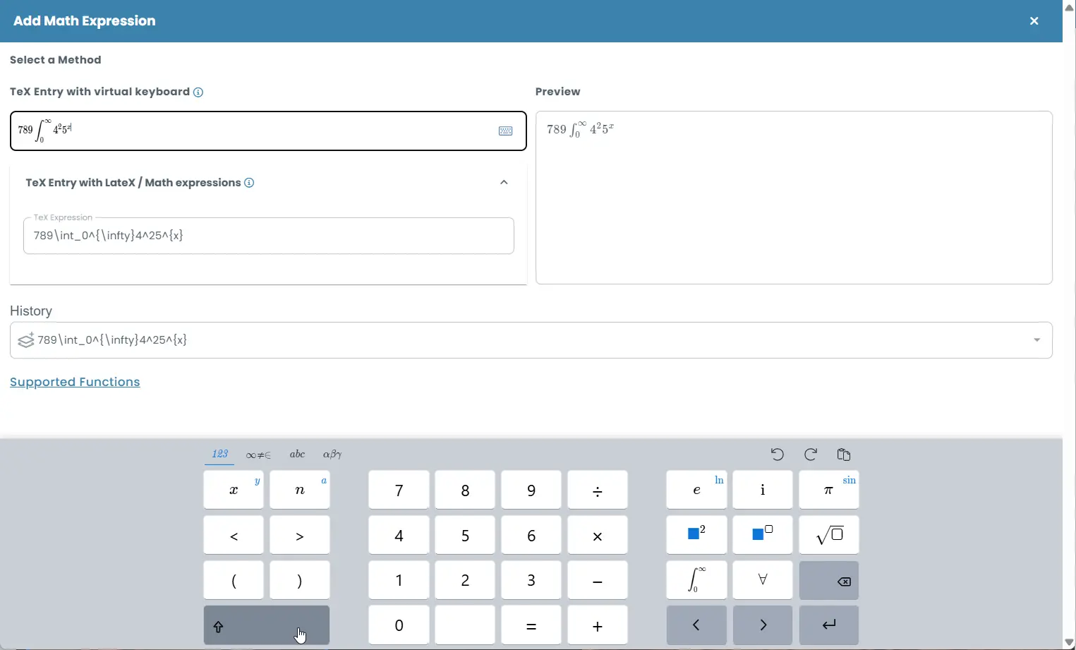 Example of entering advanced formulas using the virtual math keyboard