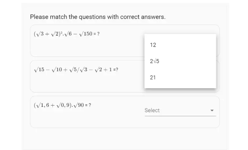 Sample question that shows matching math questions containing formulas with correct answers