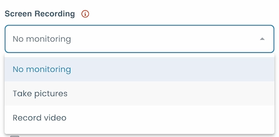 Screen recording settings with options for no monitoring, taking pictures, or recording video