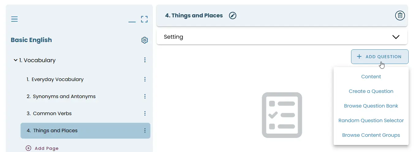 Test interface showing options for adding questions, including create, browse, and random selection