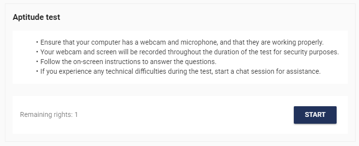 In the assessment page all tests are listed along with their instructions<br>