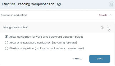Set Navigation Control to define how candidates can move between pages in the section.