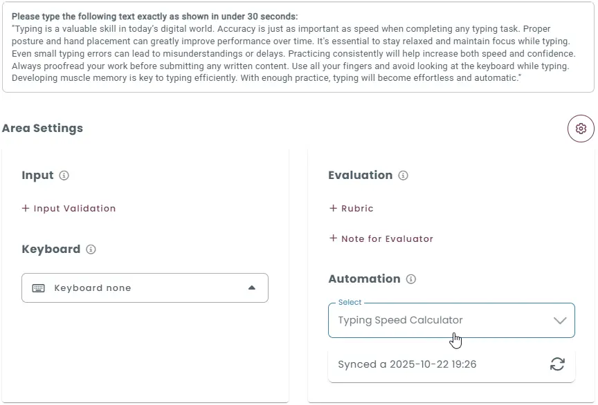 Function-based evaluation interface showing typing speed calculation