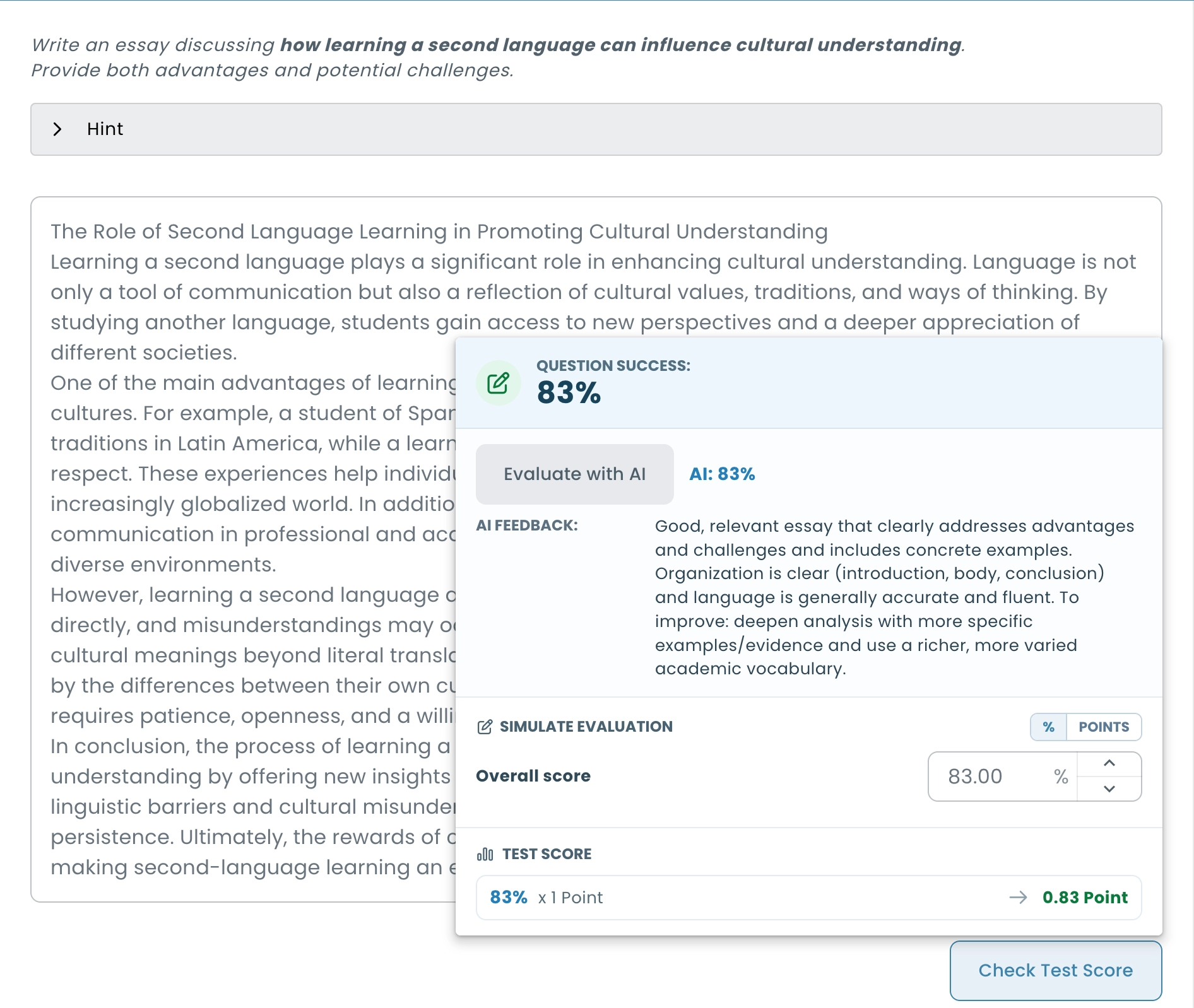 AI grading of a long-form essay response