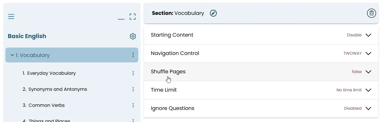 Section settings panel showing options like shuffle pages, time limit, and navigation control