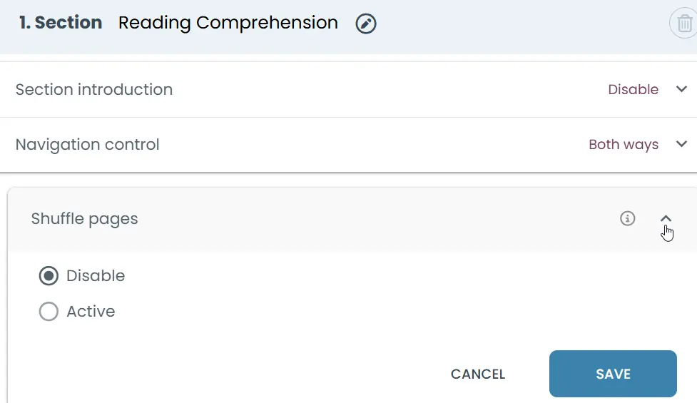 Enable Shuffle Pages to display pages in a random order for each candidate.