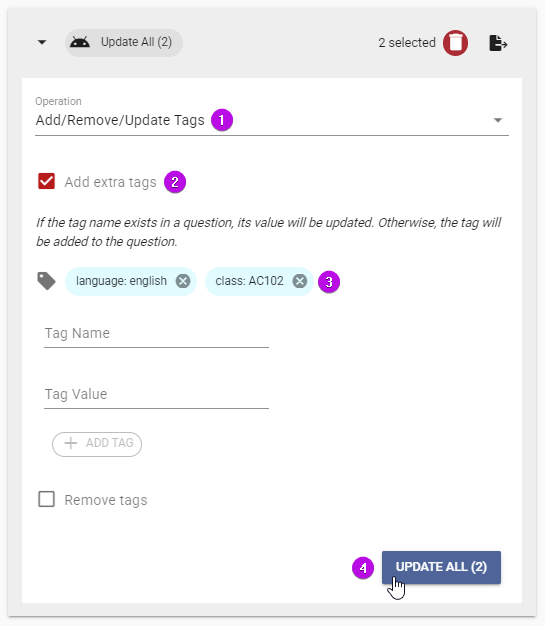 Adding 2 tags to the selected questions: language:english and class:AC102<br>