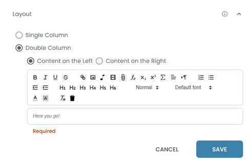 Add content for the second column and choose its position to display it alongside the questions.