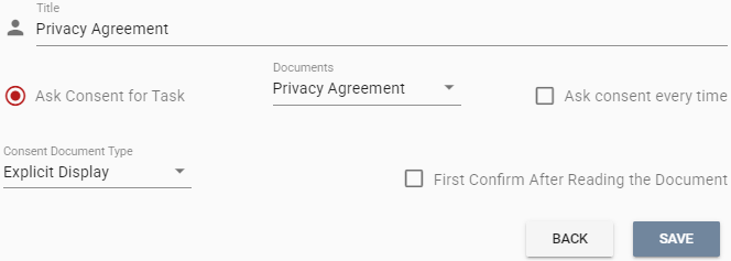 Selecting consent document type<br>