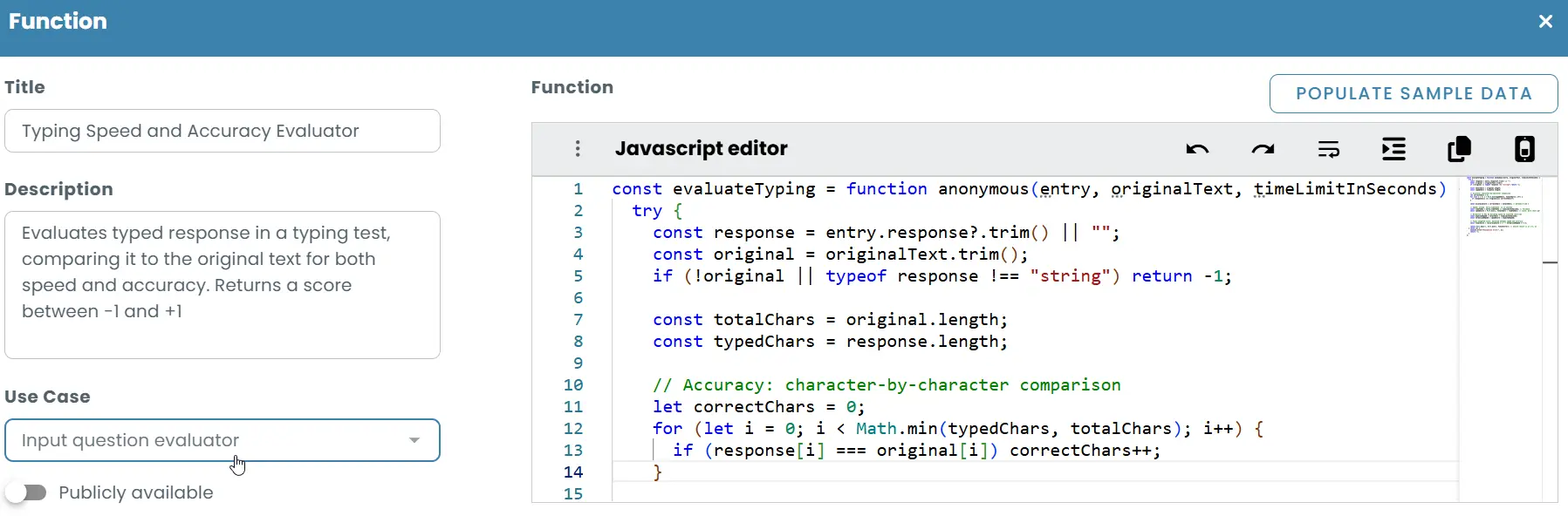 Typing speed and accuracy evaluator function with JavaScript editor