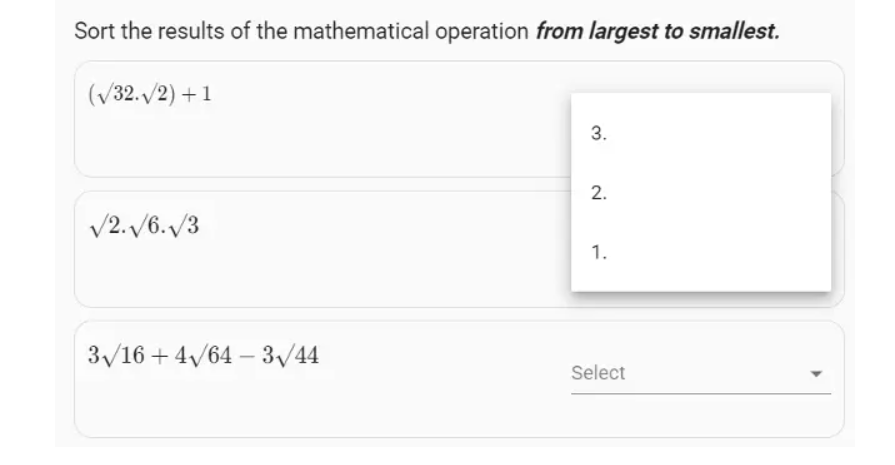 Example of a question about ranking mathematical operations with formulas according to their results