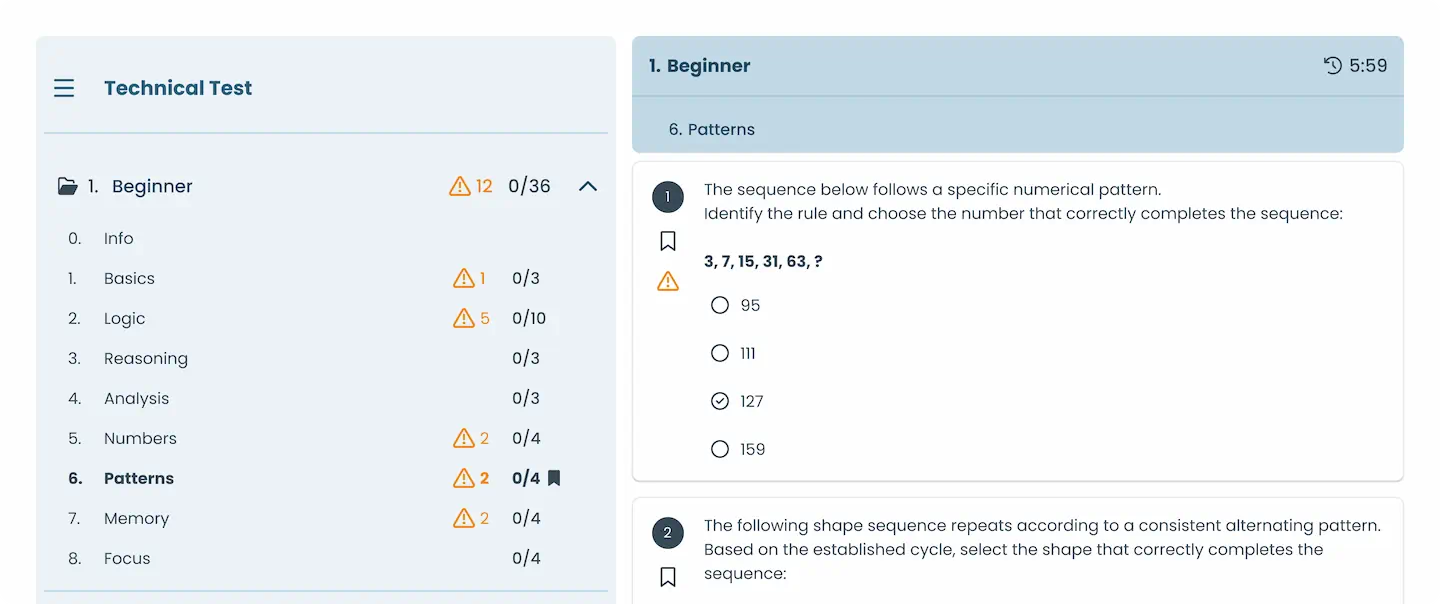 Mandatory question warnings shown on the test screen