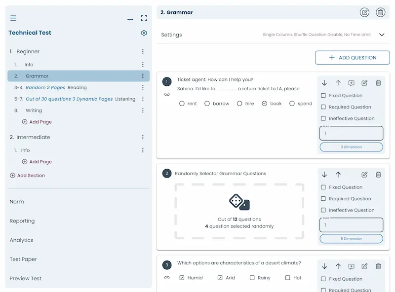 Test editor showing randomized question selection where different questions are drawn for each participant