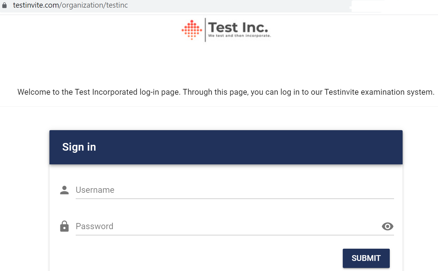 Test Inc. log-in page.