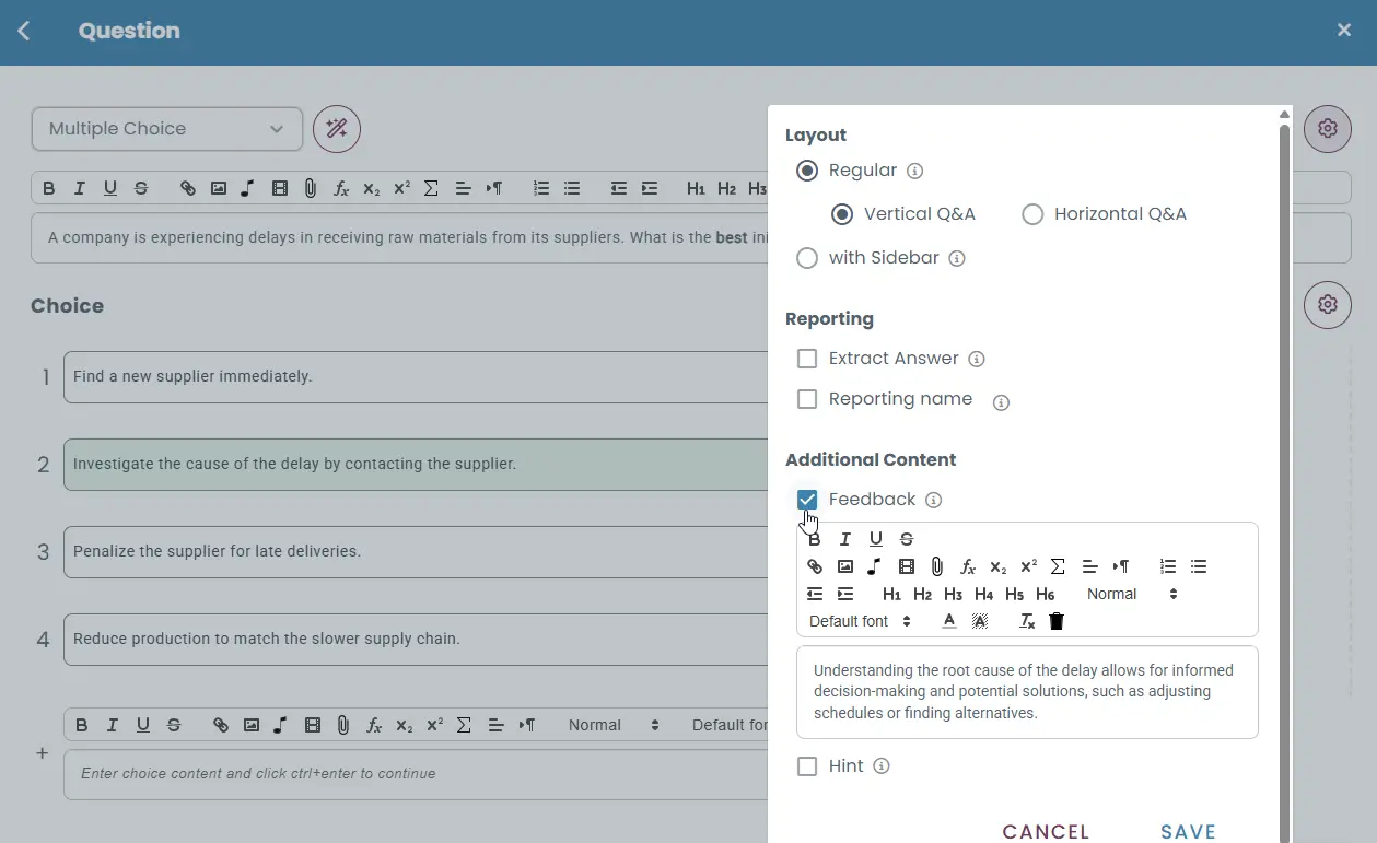 Question editor showing layout selection, feedback editor, and reporting options 