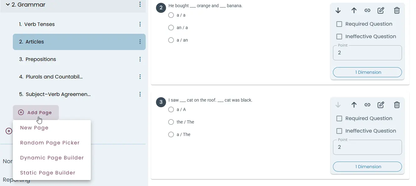 Test interface showing page addition options including random picker, static and dynamic builders