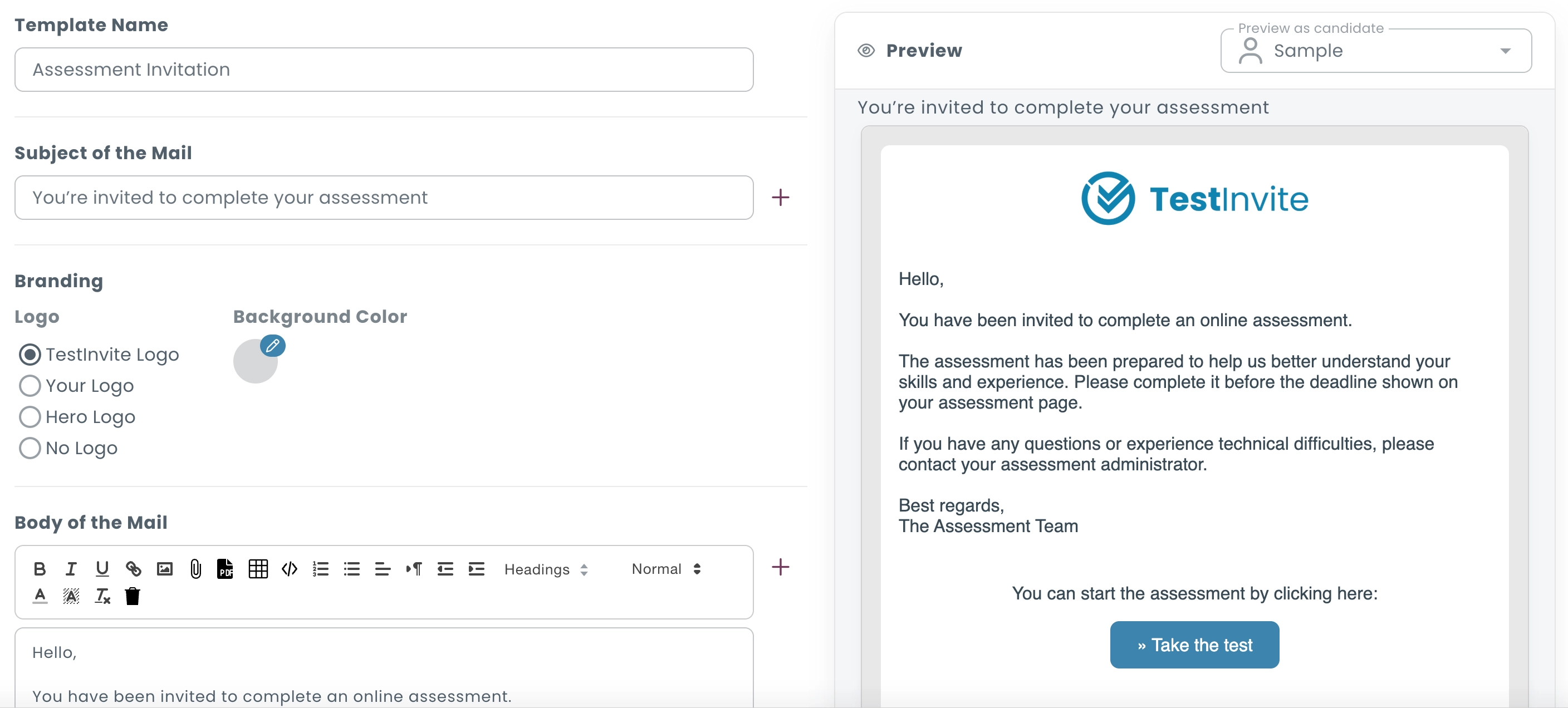 Assessment invitation email editor with template preview