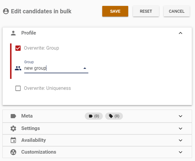The bulk candidate updater enables you to choose the properties of the candidates to be updated.