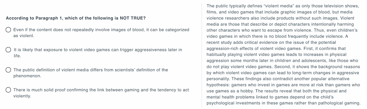 A sample reading passage appears on the right side of the screen.