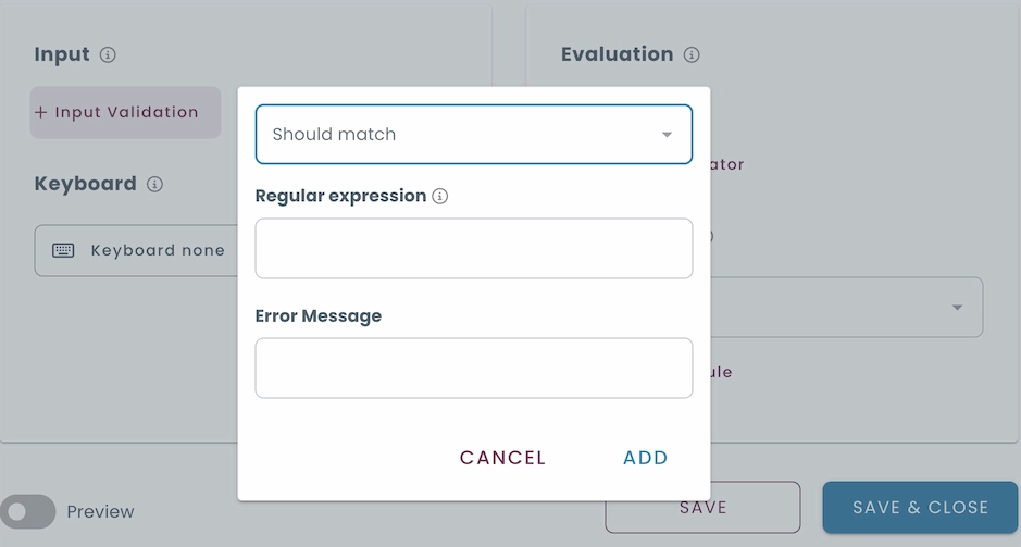 Field settings with input validation options