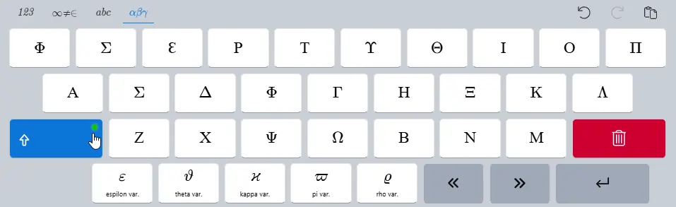 Greek symbol tab of the virtual math keyboard