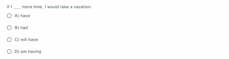 Sample fill-in-the-blank question in multiple choice format
