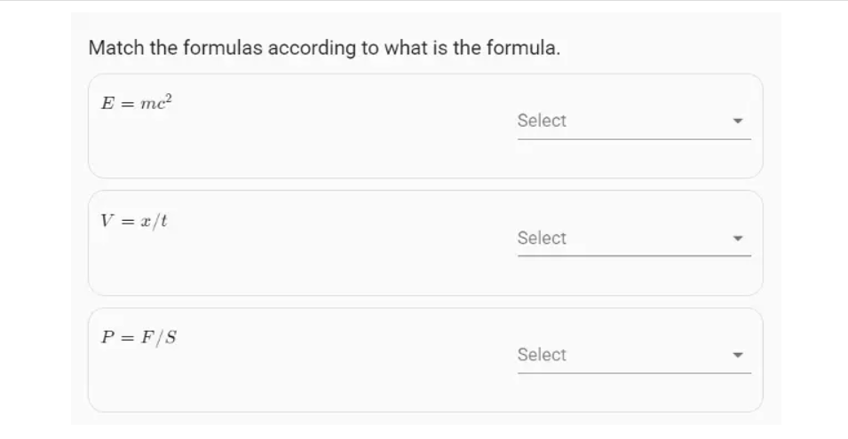 A matching question example in which candidates are asked to match the answers with the correct formula by adding a formula to the options