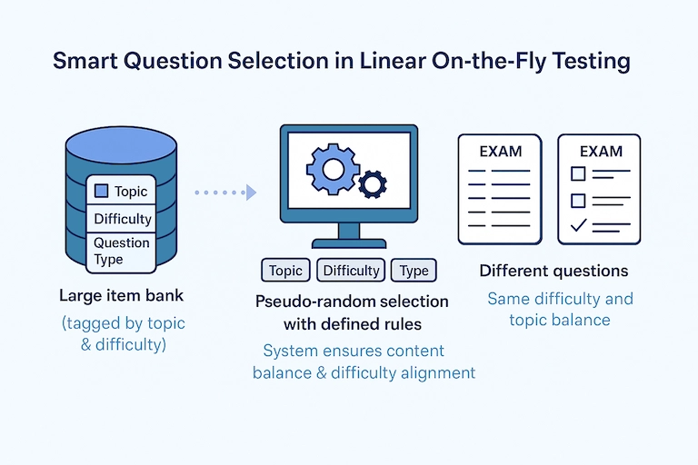 Diagram showing pseudo-random question selection from a large item bank to create equivalent tests in linear-on-the-fly testing