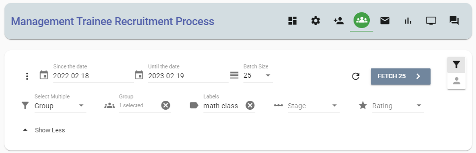 The candidates panel enables you to apply filters based on candidate registration dates, groups, labels, stages, and ratings.