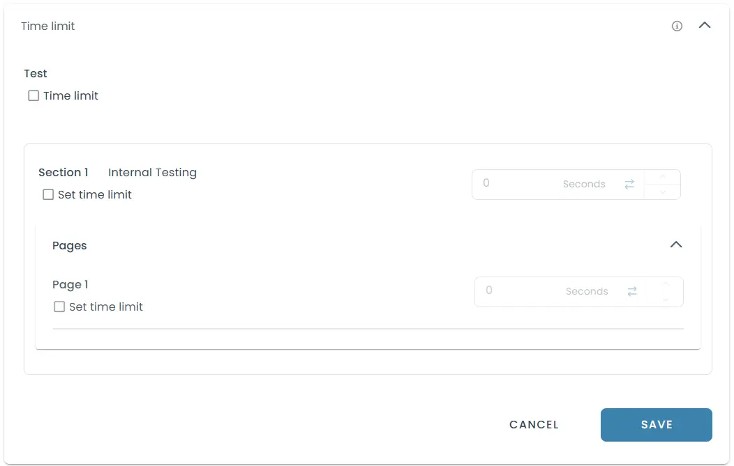 Time limits in TestInvite can be configured at each level of a test.