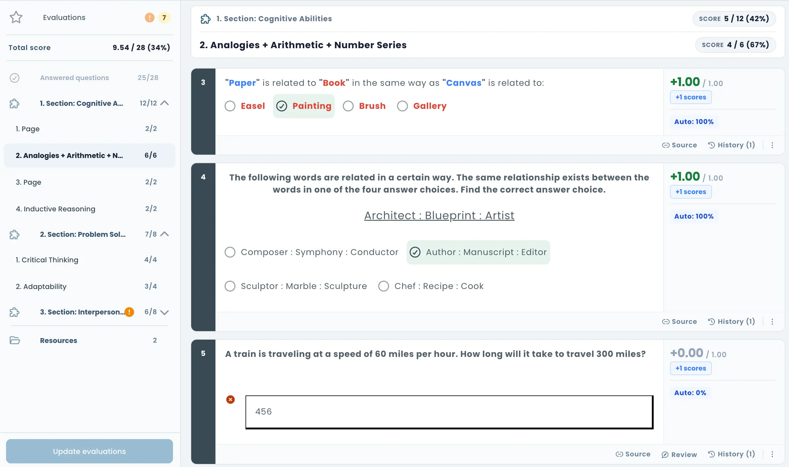 Detailed candidate answer review showing responses, answers, and scores
