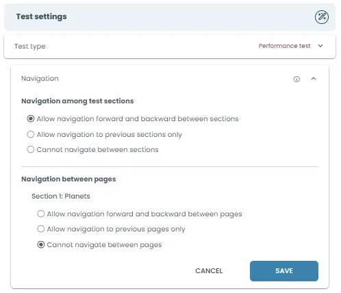 Navigation settings allow you to define whether candidates can move forward or backward between sections and pages.
