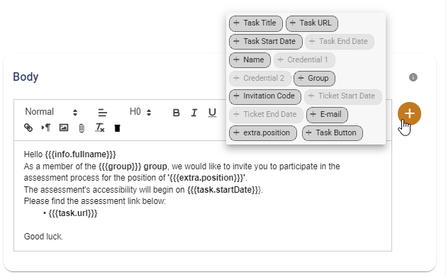 The candidate's name, assigned group, job position, start date of the assessment, and task link are variables that are dynamically inserted into the email.